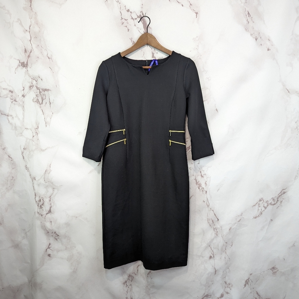 Black Sheath Dress with Gold Zipper Accents - Classic Women's Dress